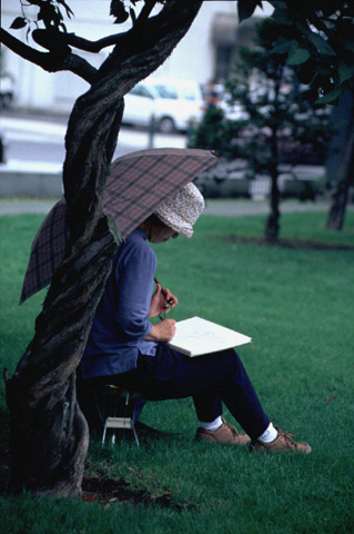 天候が良くなかったけどバラの花を撮ろうと大通公園へ。雨の降る中、傘をさしてスケッチを続ける姿に目を奪われた。