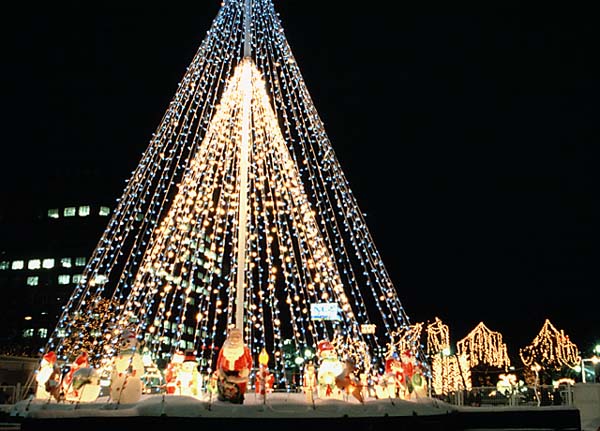 大通公園のホワイトイルミネーションのひとつ。ほぼ真ん中に位置するこのツリーが、中で一番面白い被写体だった。円形に囲まれたフェンスの隙間をぬって三脚をあの手この手で立てかけて撮る私の姿は異様だったに違いない。